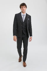 Traje de tres piezas para hombre, negro, con estampado de cuadros Glen.