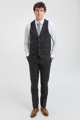 Traje de tres piezas para hombre, negro, con estampado de cuadros Glen.