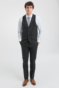 Traje de tres piezas para hombre, negro, con estampado de cuadros Glen.