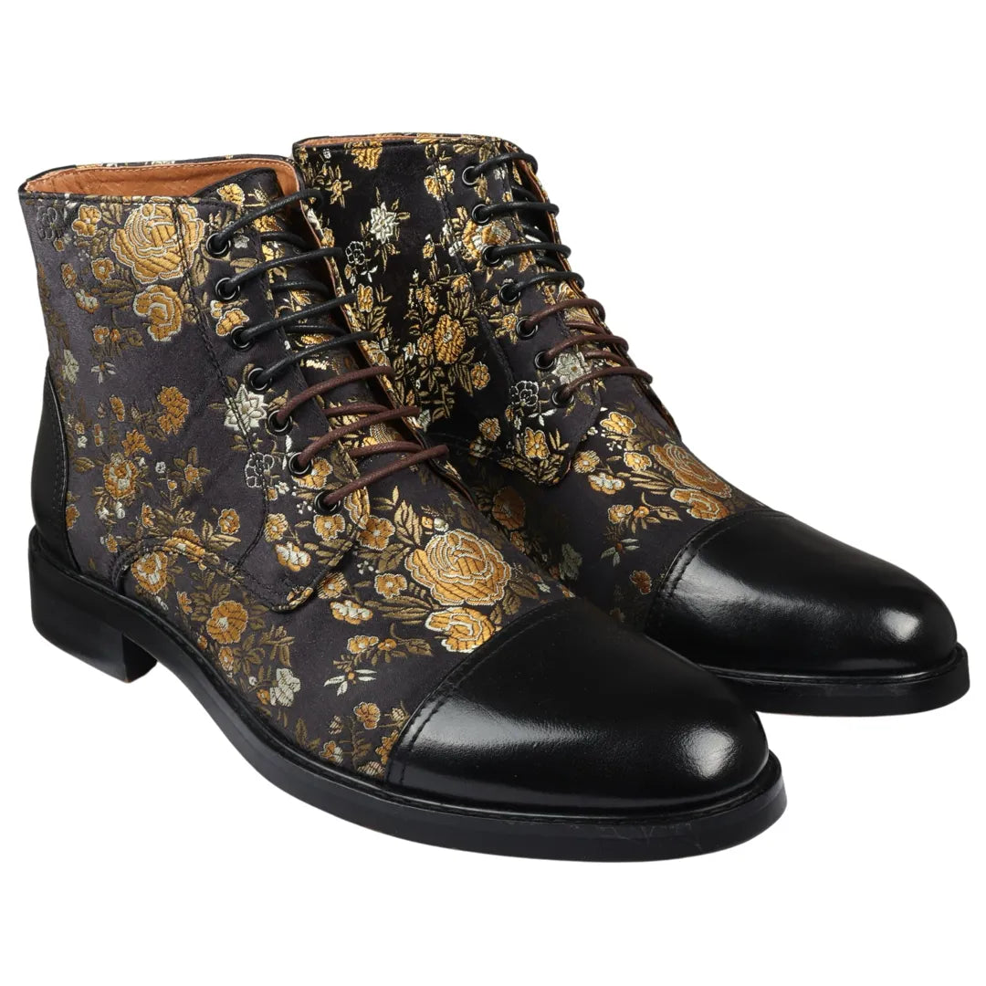 Adam - Botines Oxford de piel con estampado floral para hombre, color negro.