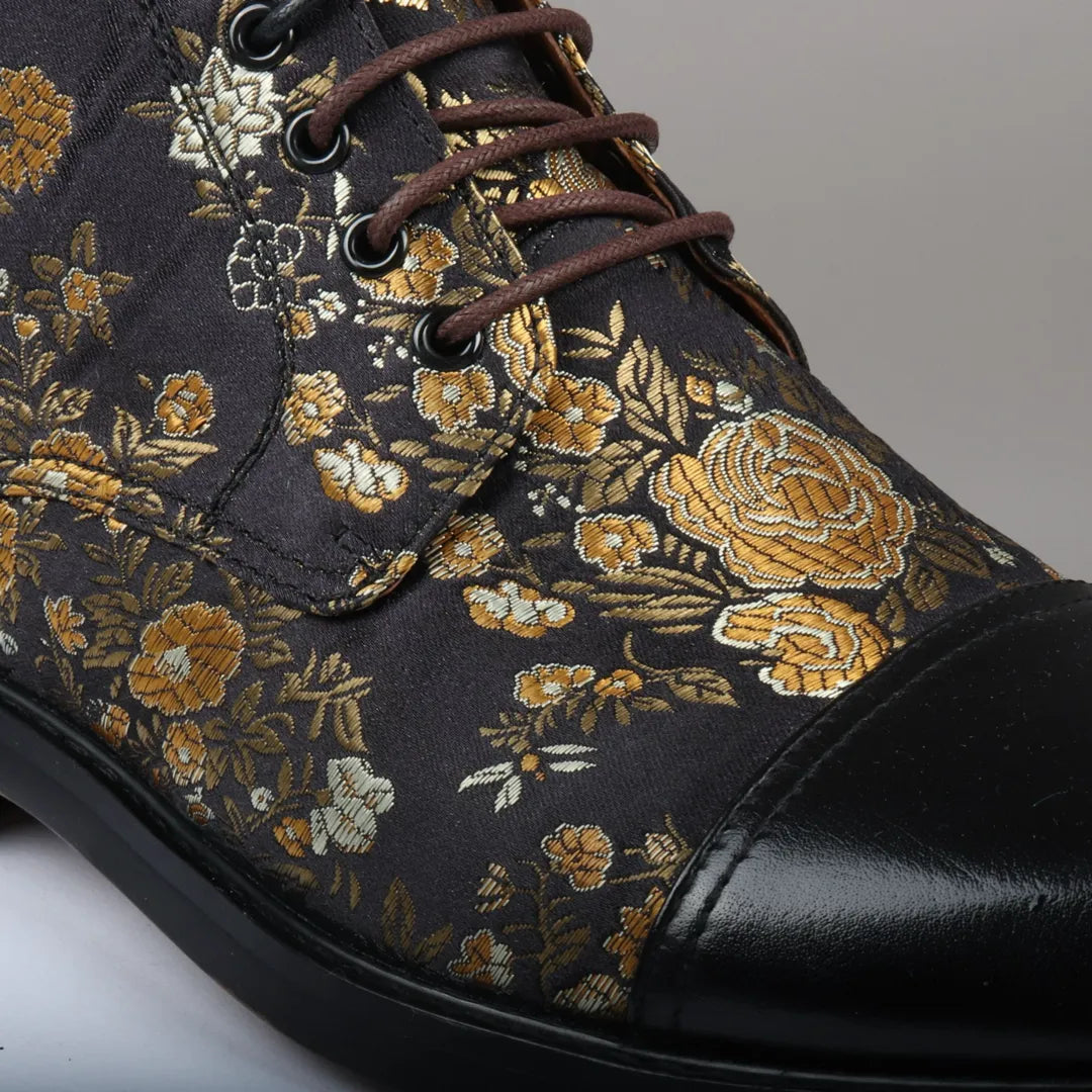 Adam - Botines Oxford de piel con estampado floral para hombre, color negro.