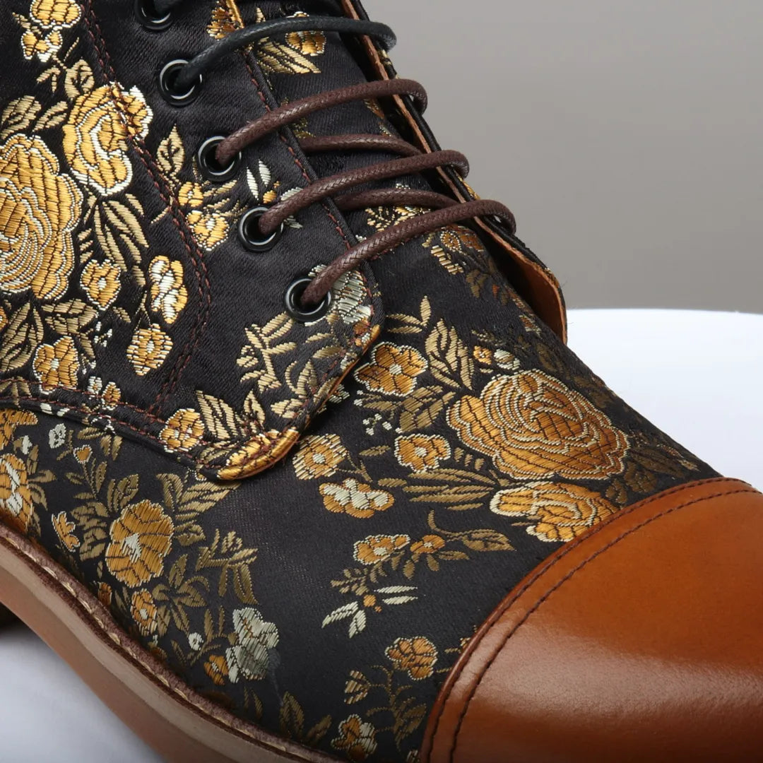 Adan - Botines Oxford de piel marrón con estampado floral para hombre
