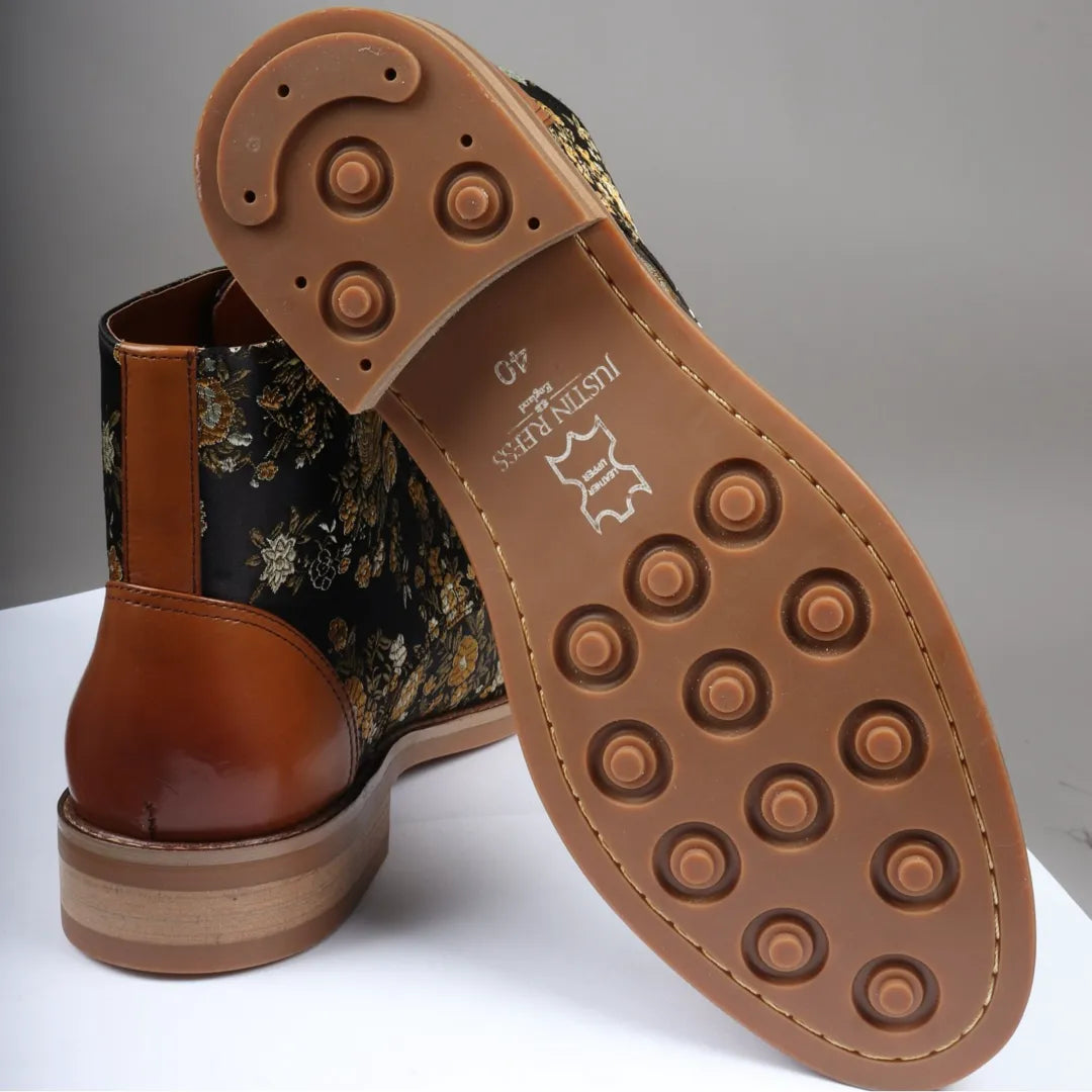 Adan - Botines Oxford de piel marrón con estampado floral para hombre