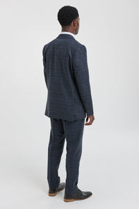 Traje de tres piezas para hombre con estampado de cuadros escoceses azules.