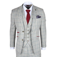 Traje de hombre Andrew de 3 piezas, gris a cuadros, corte ajustado con detalles rojos.