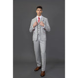 Traje de hombre Andrew de 3 piezas, gris a cuadros, corte ajustado con detalles rojos.