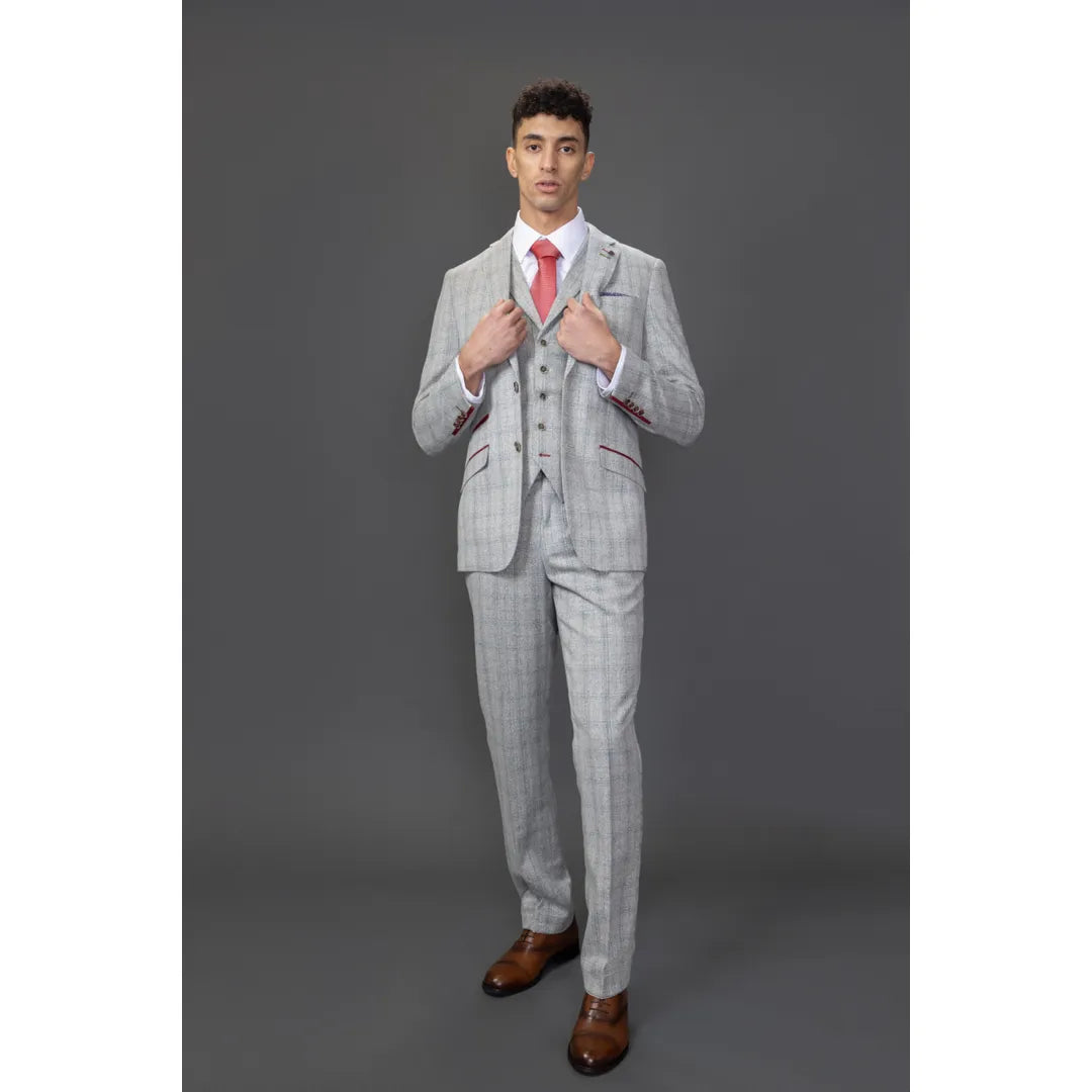 Traje de hombre Andrew de 3 piezas, gris a cuadros, corte ajustado con detalles rojos.