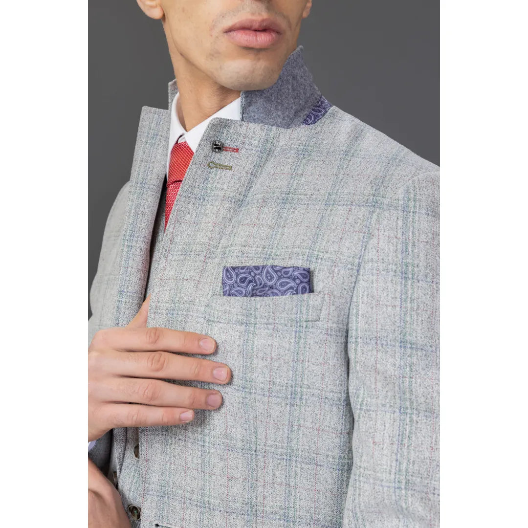 Traje de hombre Andrew de 3 piezas, gris a cuadros, corte ajustado con detalles rojos.