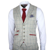 Traje de hombre Andrew de 3 piezas, gris a cuadros, corte ajustado con detalles rojos.