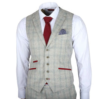 Traje de hombre Andrew de 3 piezas, gris a cuadros, corte ajustado con detalles rojos.