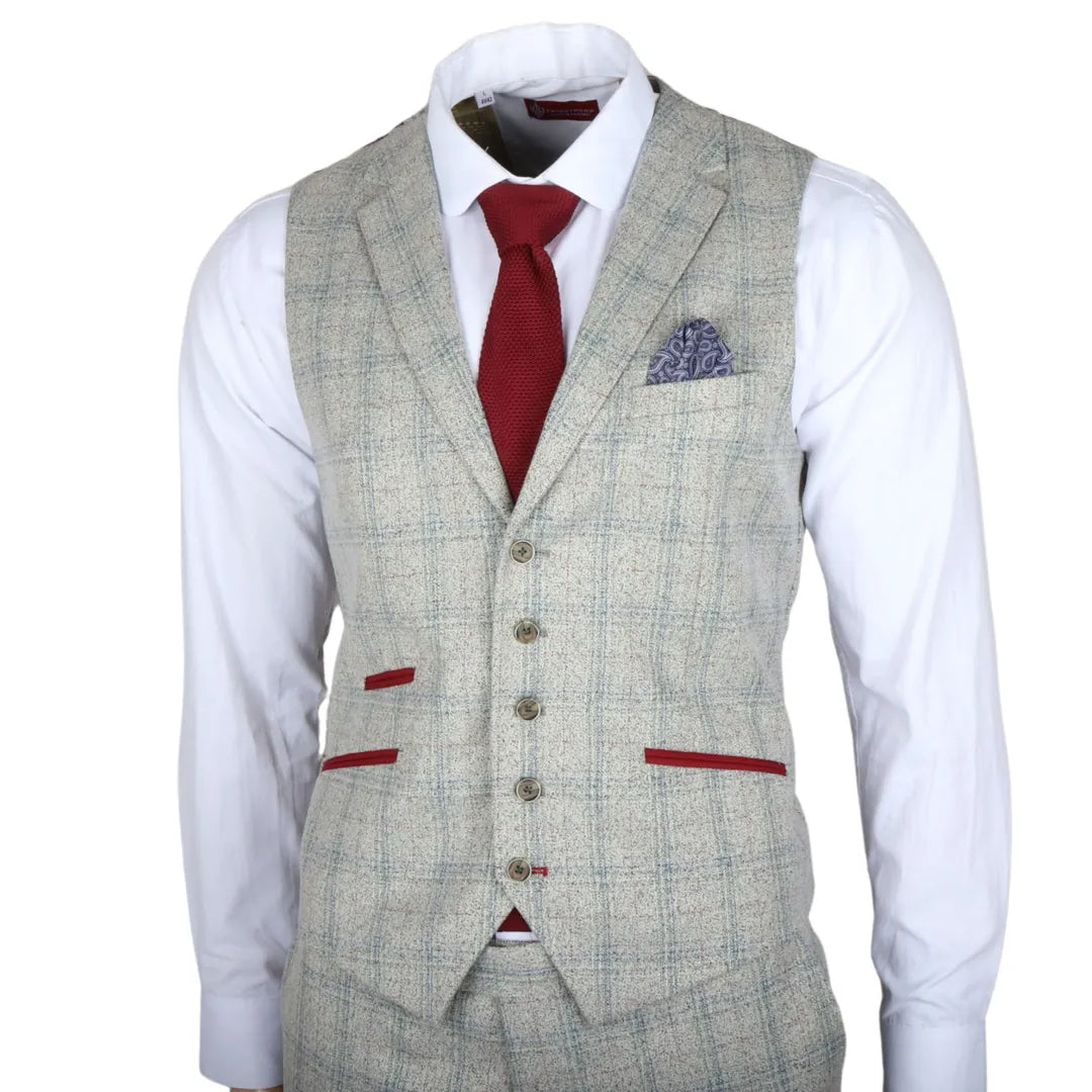 Traje de hombre Andrew de 3 piezas, gris a cuadros, corte ajustado con detalles rojos.
