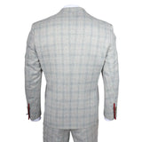 Traje de hombre Andrew de 3 piezas, gris a cuadros, corte ajustado con detalles rojos.