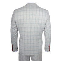 Traje de hombre Andrew de 3 piezas, gris a cuadros, corte ajustado con detalles rojos.