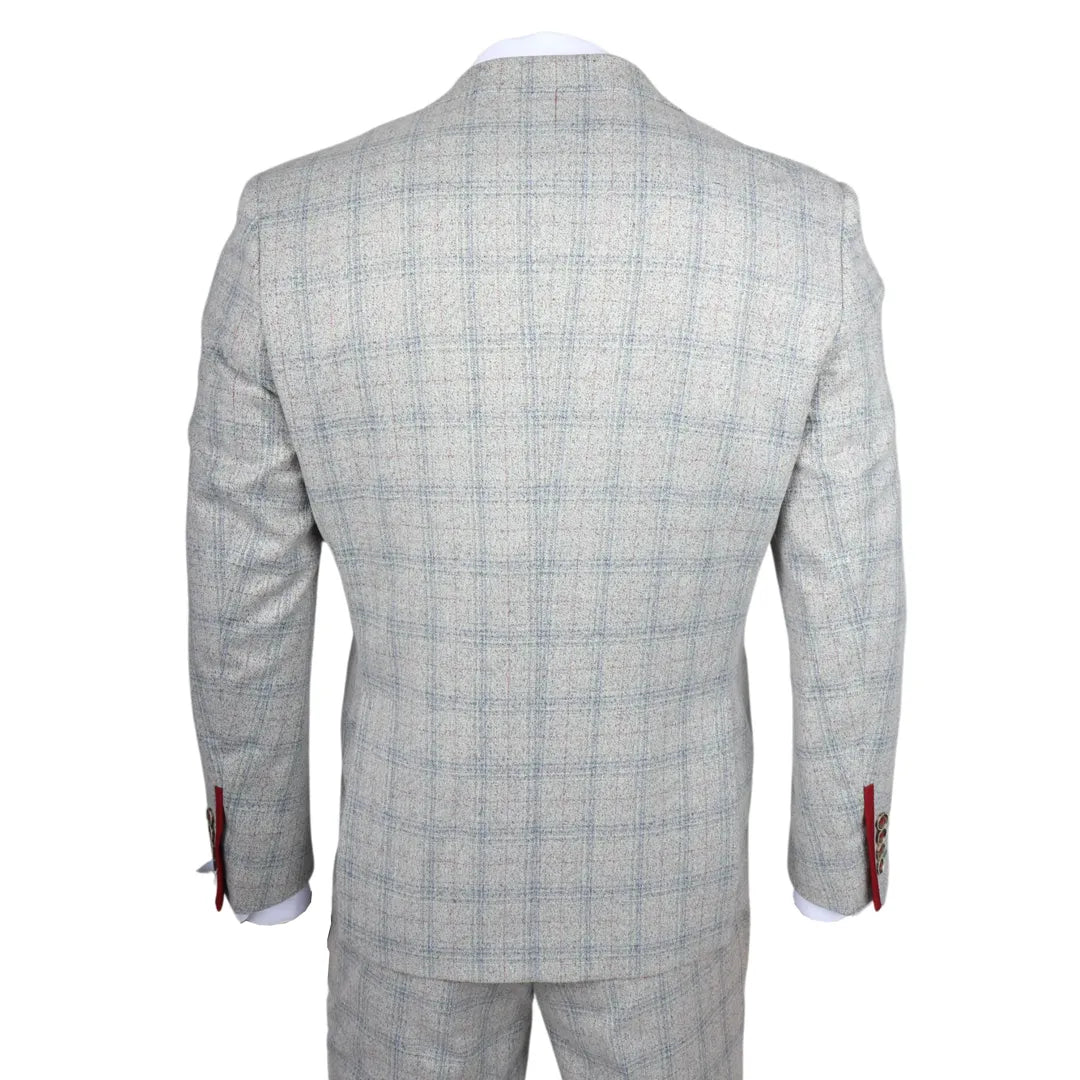Traje de hombre Andrew de 3 piezas, gris a cuadros, corte ajustado con detalles rojos.