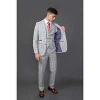 Traje de hombre Andrew de 3 piezas, gris a cuadros, corte ajustado con detalles rojos.
