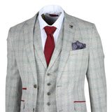 Traje de hombre Andrew de 3 piezas, gris a cuadros, corte ajustado con detalles rojos.