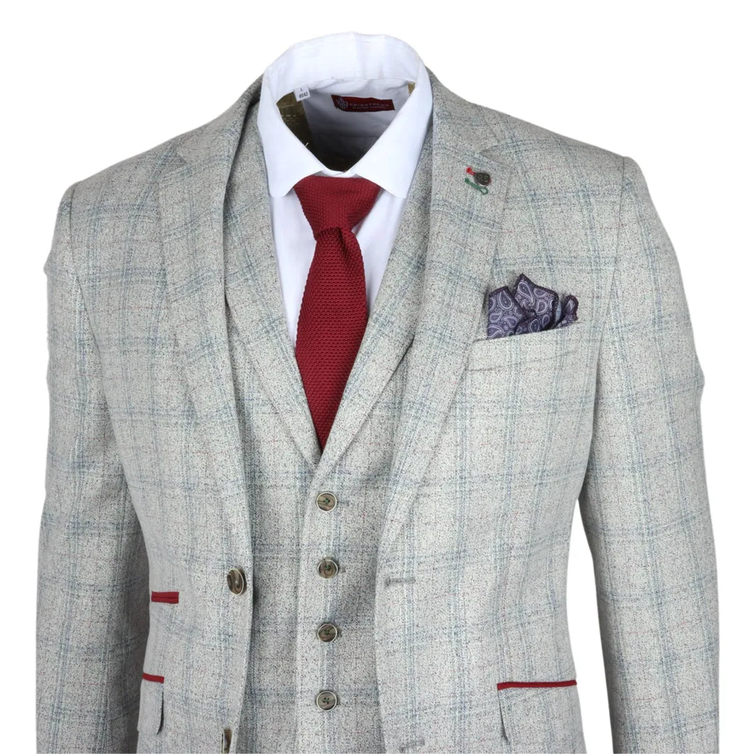 Traje de hombre Andrew de 3 piezas, gris a cuadros, corte ajustado con detalles rojos.