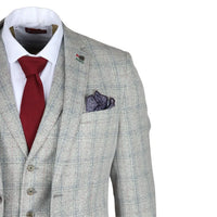 Traje de hombre Andrew de 3 piezas, gris a cuadros, corte ajustado con detalles rojos.