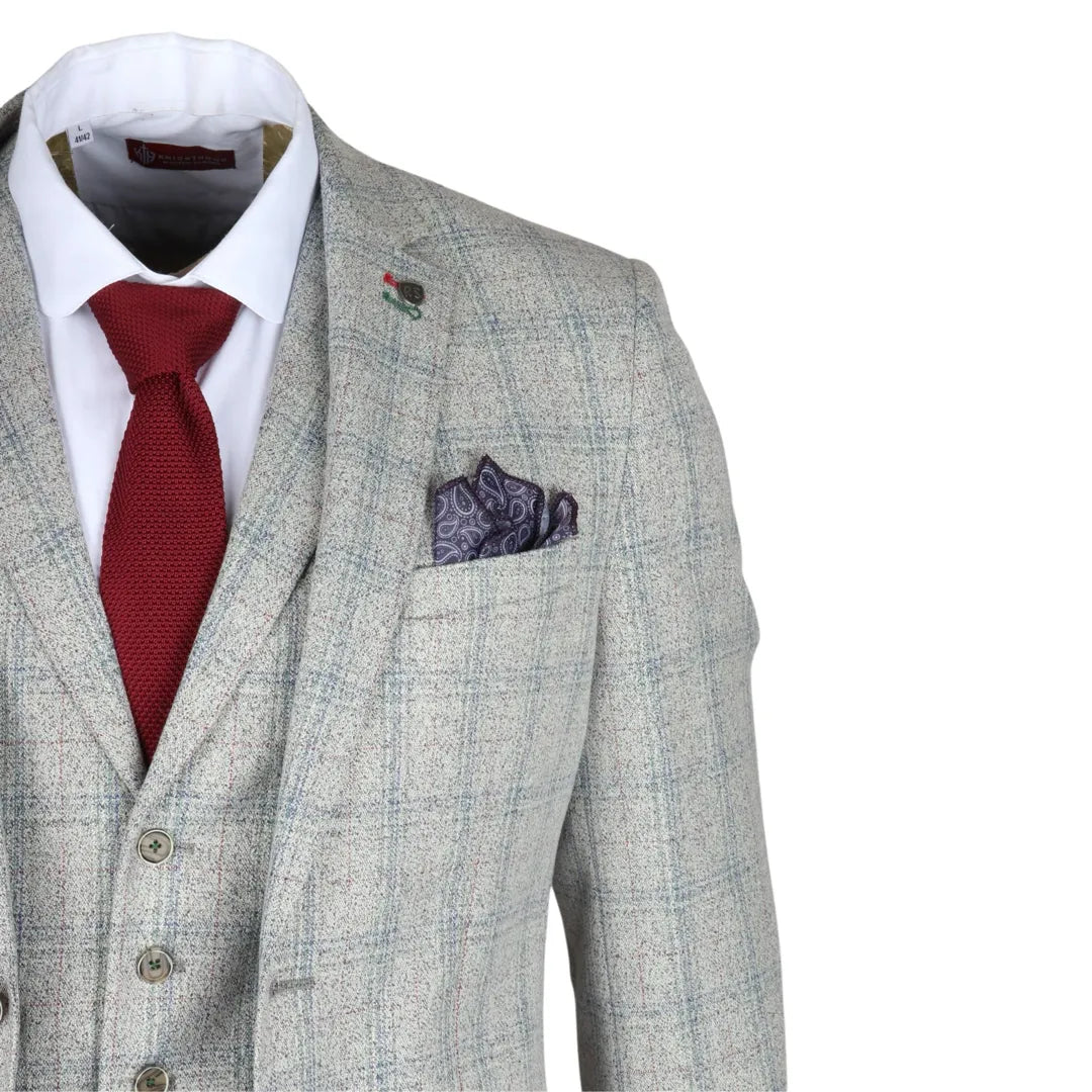 Traje de hombre Andrew de 3 piezas, gris a cuadros, corte ajustado con detalles rojos.