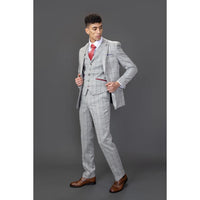 Traje de hombre Andrew de 3 piezas, gris a cuadros, corte ajustado con detalles rojos.
