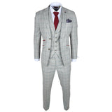 Traje de hombre Andrew de 3 piezas, gris a cuadros, corte ajustado con detalles rojos.