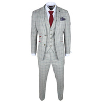 Traje de hombre Andrew de 3 piezas, gris a cuadros, corte ajustado con detalles rojos.