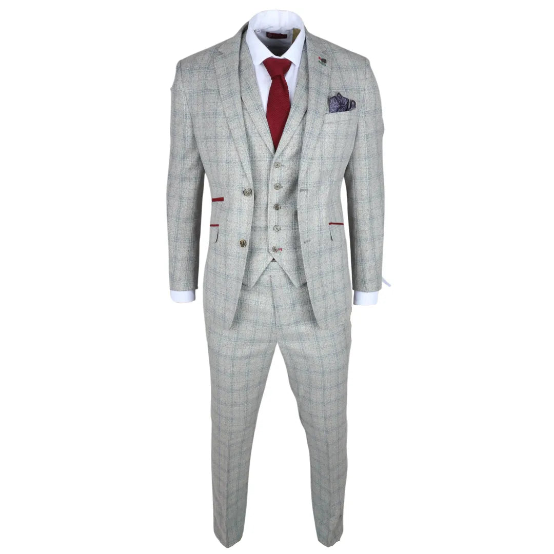 Traje de hombre Andrew de 3 piezas, gris a cuadros, corte ajustado con detalles rojos.