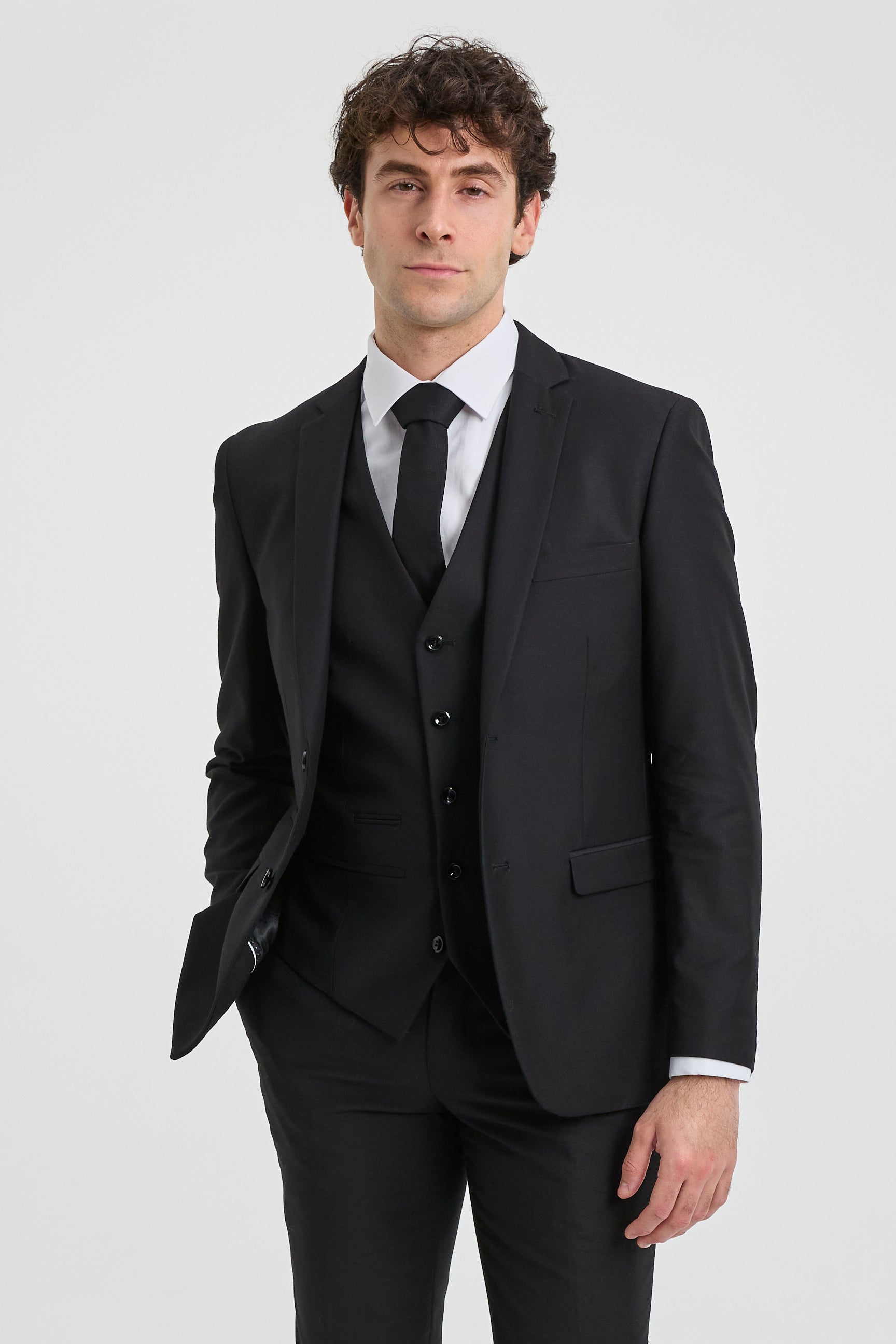 Paul Andrew Parker - Traje completo de hombre de 3 piezas negro, corte entallado, estilo clásico, ideal para porteros, funerales y luto.
