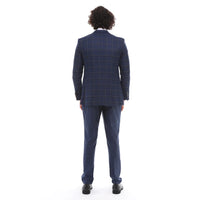 Traje de hombre de 3 piezas, azul marino a cuadros, chaleco y pantalón de corte entallado, ideal para bodas.