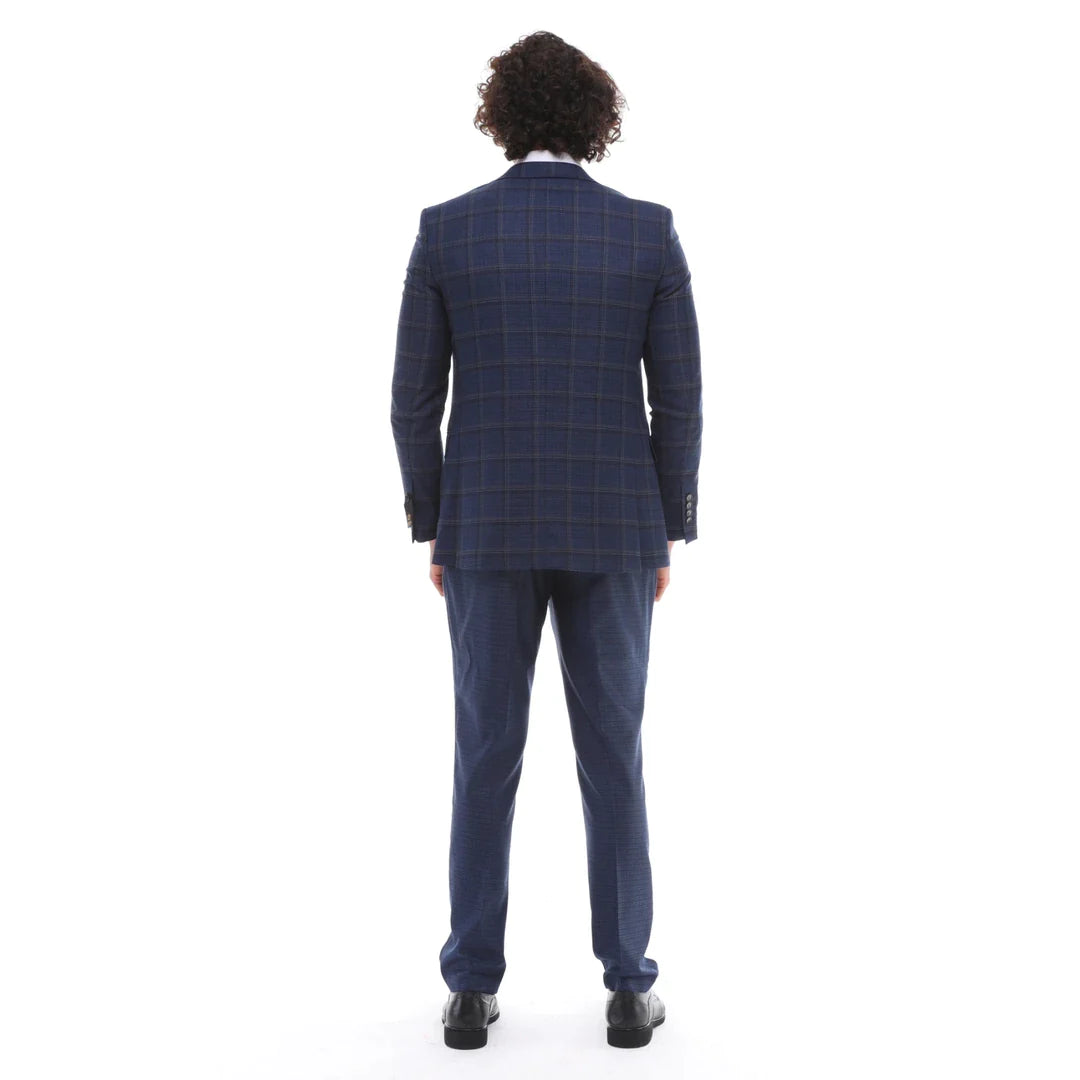 Traje de hombre de 3 piezas, azul marino a cuadros, chaleco y pantalón de corte entallado, ideal para bodas.