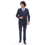 Traje de hombre de 3 piezas, azul marino a cuadros, chaleco y pantalón de corte entallado, ideal para bodas.