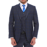 Traje de hombre de 3 piezas, azul marino a cuadros, chaleco y pantalón de corte entallado, ideal para bodas.
