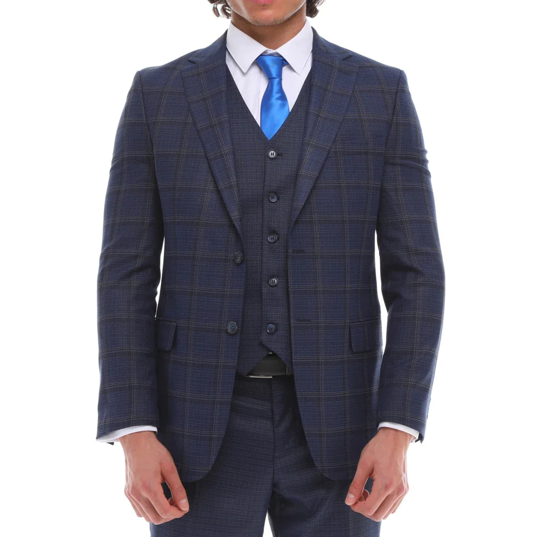 Traje de hombre de 3 piezas, azul marino a cuadros, chaleco y pantalón de corte entallado, ideal para bodas.