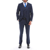 Traje de hombre de 3 piezas, azul marino a cuadros, chaleco y pantalón de corte entallado, ideal para bodas.