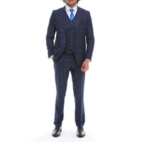 Traje de hombre de 3 piezas, azul marino a cuadros, chaleco y pantalón de corte entallado, ideal para bodas.