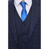Traje de hombre de 3 piezas, azul marino a cuadros, chaleco y pantalón de corte entallado, ideal para bodas.