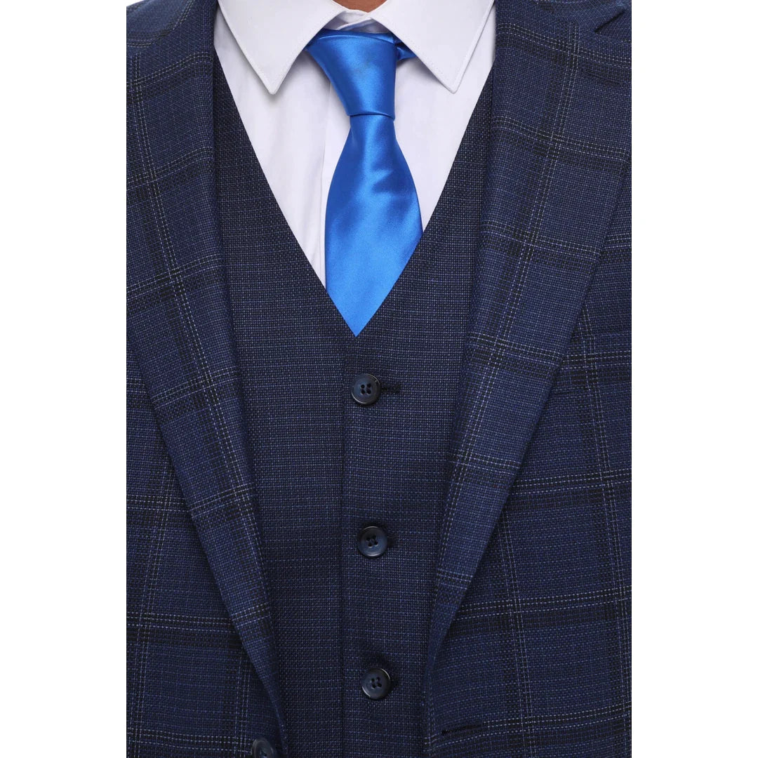 Traje de hombre de 3 piezas, azul marino a cuadros, chaleco y pantalón de corte entallado, ideal para bodas.