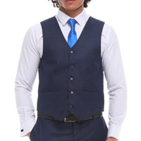 Traje de hombre de 3 piezas, azul marino a cuadros, chaleco y pantalón de corte entallado, ideal para bodas.