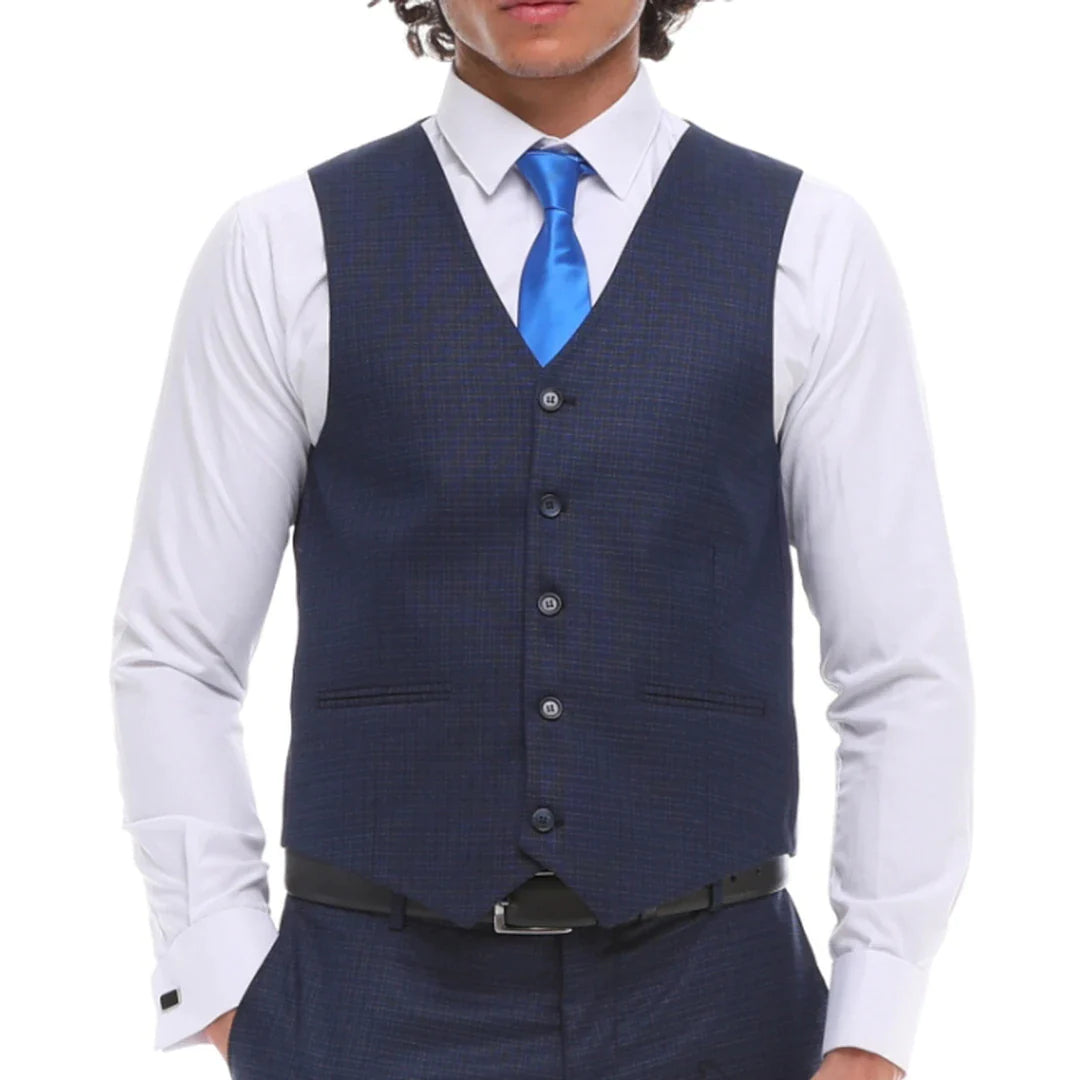 Traje de hombre de 3 piezas, azul marino a cuadros, chaleco y pantalón de corte entallado, ideal para bodas.