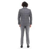 Traje de hombre de 3 piezas a cuadros grises y azules con chaleco y pantalón en contraste, ideal para bodas y graduaciones.