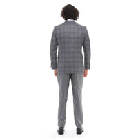 Traje de hombre de 3 piezas a cuadros grises y azules con chaleco y pantalón en contraste, ideal para bodas y graduaciones.