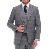 Traje de hombre de 3 piezas a cuadros grises y azules con chaleco y pantalón en contraste, ideal para bodas y graduaciones.
