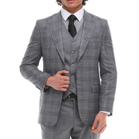 Traje de hombre de 3 piezas a cuadros grises y azules con chaleco y pantalón en contraste, ideal para bodas y graduaciones.