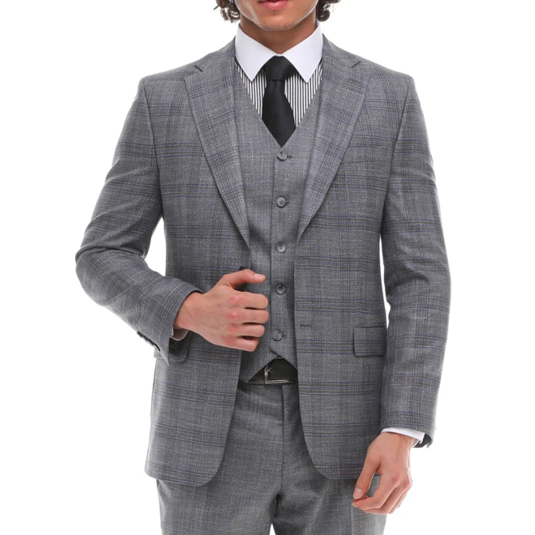 Traje de hombre de 3 piezas a cuadros grises y azules con chaleco y pantalón en contraste, ideal para bodas y graduaciones.