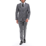 Traje de hombre de 3 piezas a cuadros grises y azules con chaleco y pantalón en contraste, ideal para bodas y graduaciones.