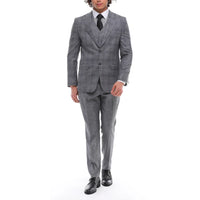 Traje de hombre de 3 piezas a cuadros grises y azules con chaleco y pantalón en contraste, ideal para bodas y graduaciones.