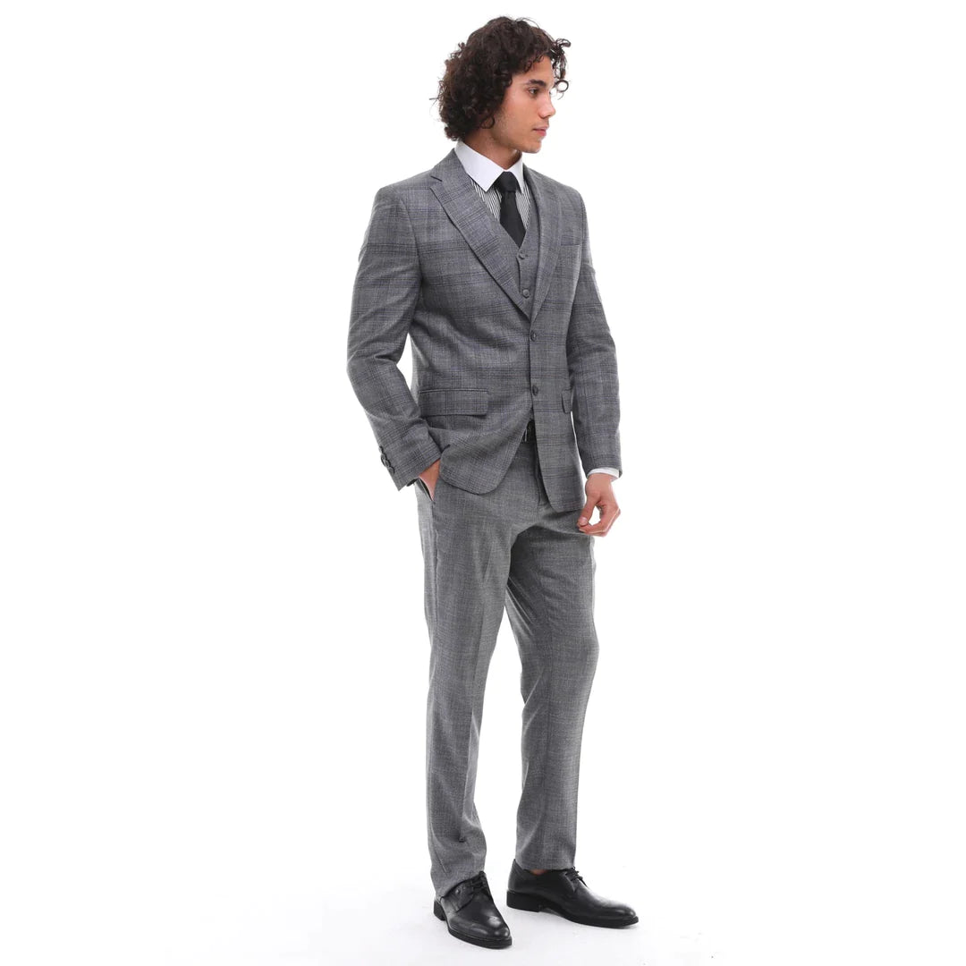 Traje de hombre de 3 piezas a cuadros grises y azules con chaleco y pantalón en contraste, ideal para bodas y graduaciones.