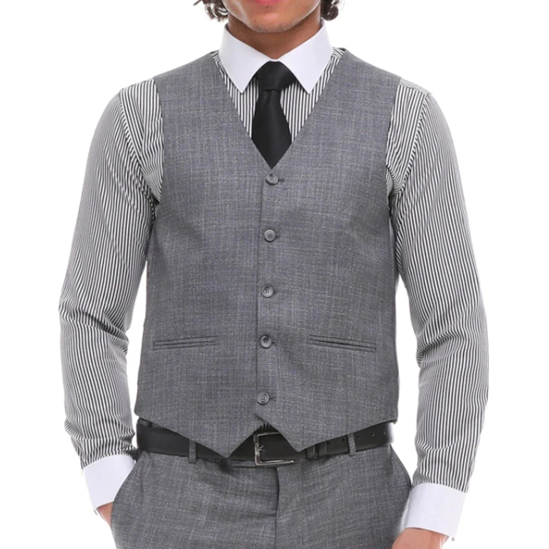 Traje de hombre de 3 piezas a cuadros grises y azules con chaleco y pantalón en contraste, ideal para bodas y graduaciones.