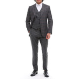 Traje de hombre de 3 piezas, gris y marrón a cuadros, corte entallado, para bodas, graduaciones y carreras de caballos.