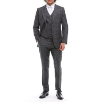 Traje de hombre de 3 piezas, gris y marrón a cuadros, corte entallado, para bodas, graduaciones y carreras de caballos.